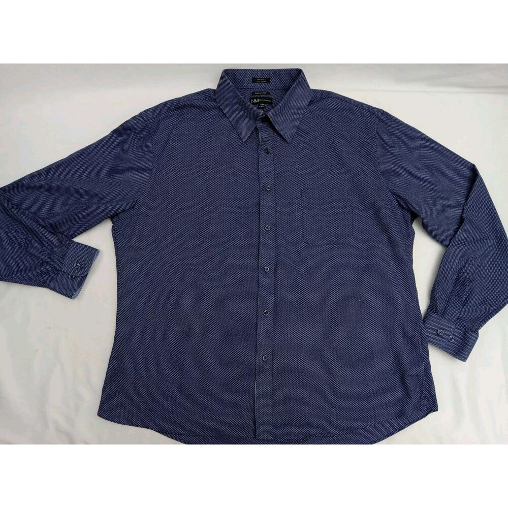 NM Neiman Marcus Shirt Men Mini Dots Blue Slim Fit Long Sleeve Button Up XXL